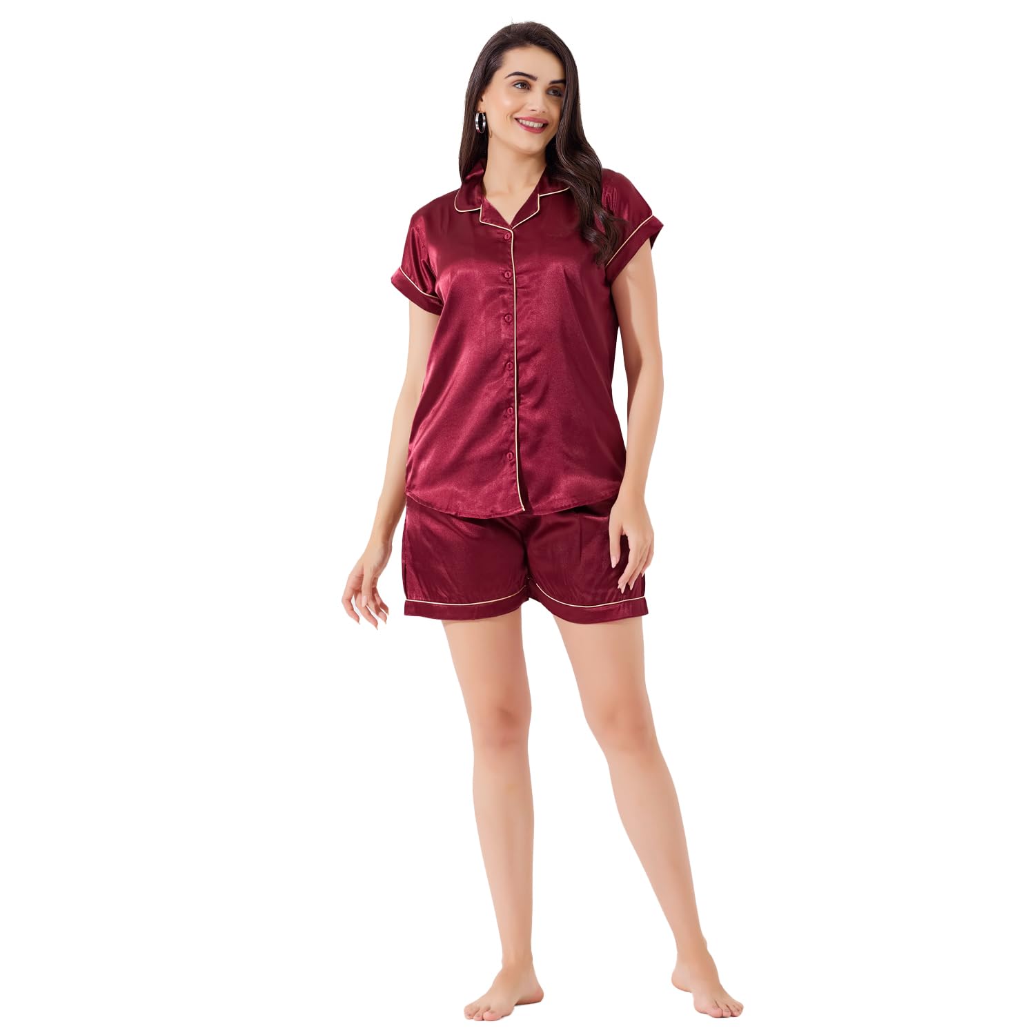 kattly Satin Short Night Suit Set | Soft & Breathable Solid Relaxed Sleepwear Night Suit Set | Summer Silk Pajama Set with Shirt & Shorts-picture-11