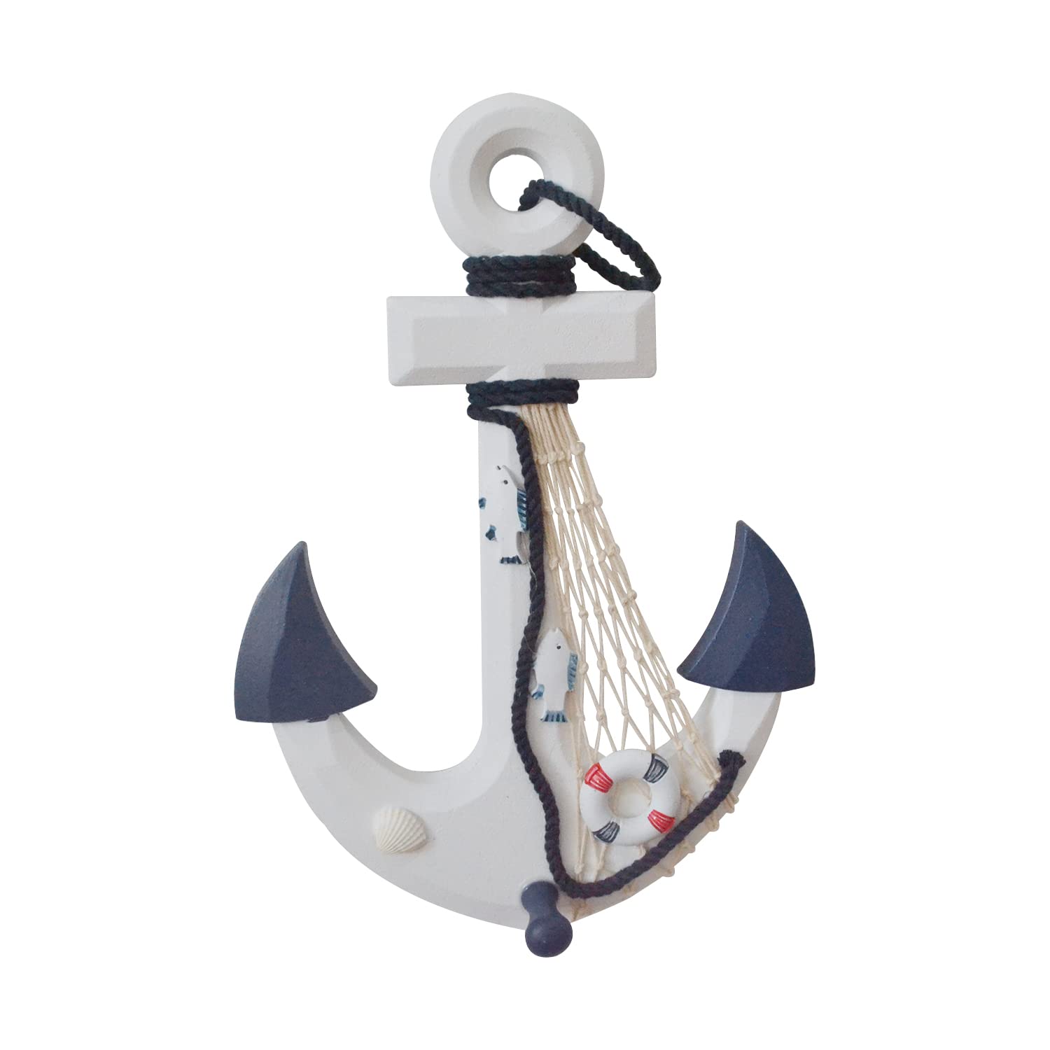 Nautical Decorations, Wooden Anchor Decorative, Bathroom Ornaments Accessories 32 x 23cm, Mediterranean Ocean Style Wall Hanging Decor, Boat Anchor with Lifebuoy Fish Netting Seaside Beach House Decor