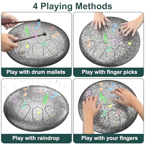 Image of D Major Steel Tongue Drum Handpan, 12 Inch 13 Note Rain Drum for Outside Garden, Meditation Rain Chime, Musical Percussion Instrument for Adult Gift with Bag, Music Book, Drum Mallets (Star Sliver)