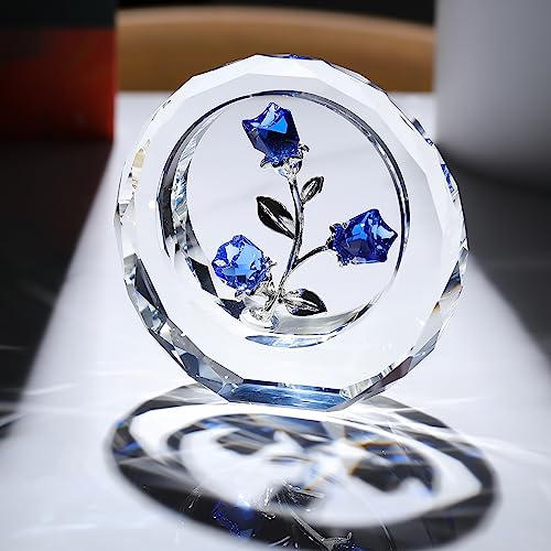Ornalrist Crystal Blue Rose Blossom Flower Figurine Gifts for Her Glass Rose Bouquet Collectible Paperweight Romantic Gift Idea for Women Wife Valentine's Anniversary Ornaments (Blue) - Image 2