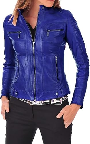 BEHWORE Faux Leather Jacket for Women, Vegan Jackets Motocycle Coat Moto Biker Outwear Coat Zip Up Fitted Slim Coat (US, Alpha, Small, Regular, Regular, faux leather royal blue women coat jacket)