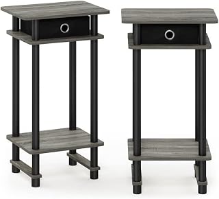 Furinno Turn-N-Tube 2-Pack Tall End Table, Side Table with Bin, French Oak Grey/Black
