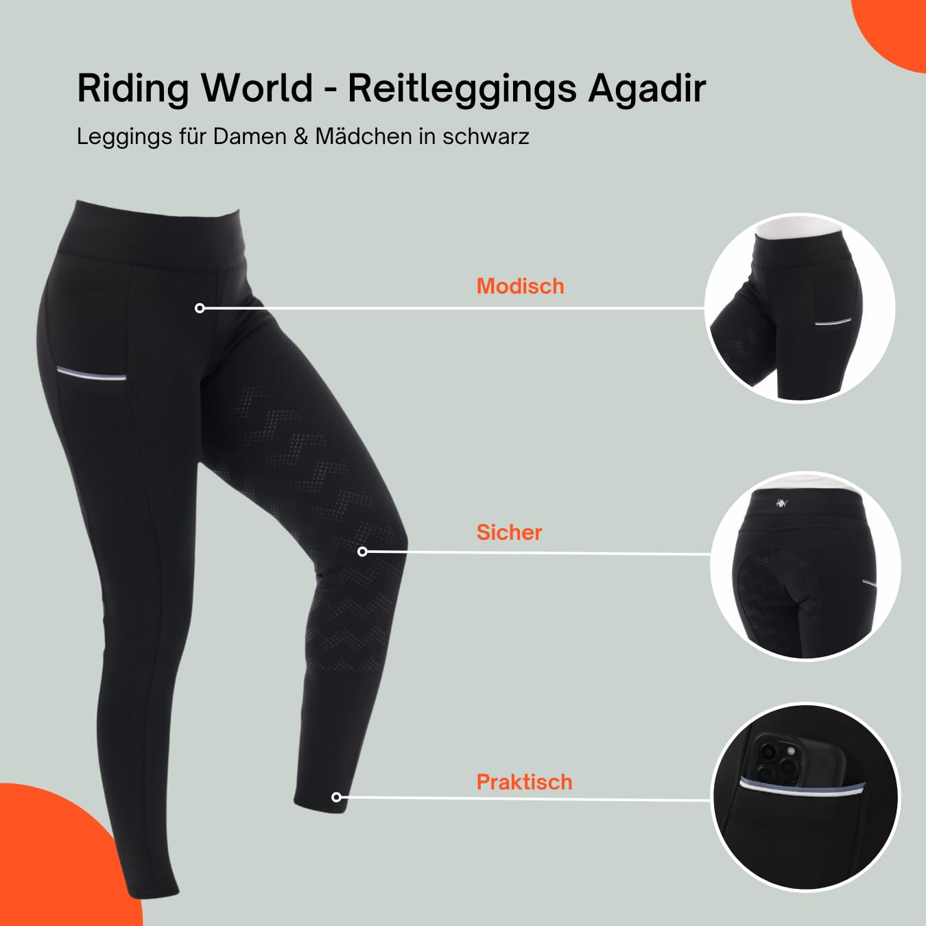 Riding World - Reitleggings für Damen Agadir | Leggings zum Reiten | Reithose mit Silikon-Vollbesatz & breitem Bund | Reiterhose mit 2 Handytaschen | Damen Reitbekleidung in Schwarz | Größe 38