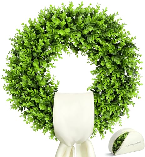 23 Boxwood Wreath for Front Door Outdoor Boxwood Wreaths with SashSummer & Spring Wreaths for Front Door (23 inch)