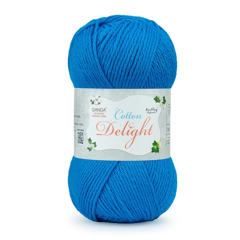 Image of Ganga Acrowools Cotton Delight, Dk Weight Cotton Yarn, Oekotex Class L Certified 100G, 169M, Pack of 1 Ball - 100gm Each, Shade No. - COD058, Azure Blue