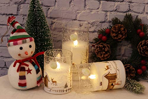 Image of Wondise Snowman Glass Flameless Candles with Remote and Timer, Battery Operated Real Wax LED Flickering LED Candles White Cold Light Window Christmas Holiday Decor D3 x 4 inch,5 inch,6 inch