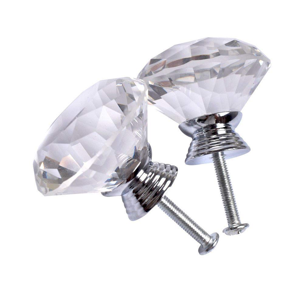 Joyhey 4 Pack 40 mm Diamond Shaped Glass Crystal Knobs with 3 Size Screws for Cabinet, Drawer, Cupboard, Dresser