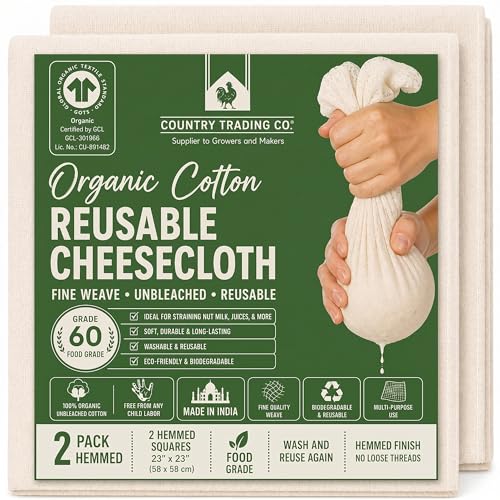 Image of Organic Unbleached Cotton Cheesecloth - GOTS Certified Reusable Hemmed Muslin Straining Cloth for Cooking & Kitchen, 2 Squares, 23 inch x 23 inch (58 x 58 cm)