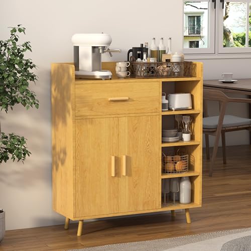 RWDKDTX Alacenas para Cocina Despensa Pequeña, Credenza Bufetera Mueble Organizador con 2 Puertas, Cajón y Estantes Abiertos, Alacena Gabinete de Almacenamiento para Comedor,...