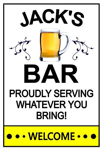 Funny Refrigerator Magnet. "Jack's Bar". Customize for any name. 3 Sizes. "Proudly Serving Whatever You Bring". Flexible. Available for quick shipping.