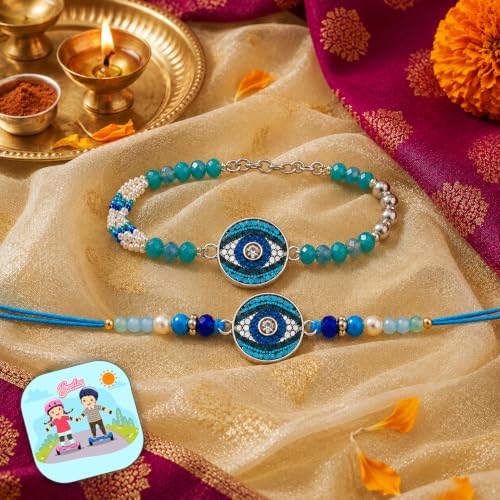 Image of CraftVatika Evil Eye Rakhi Set for Brother Bhaiya Bhabhi, Designer Bhaiya Bhabhi Rakhi Gift Combo Set, Rakhis for Rakshabandhan, Couple Pair Raki, Fridge Magnet Gift with Best Wishes Card Tillak