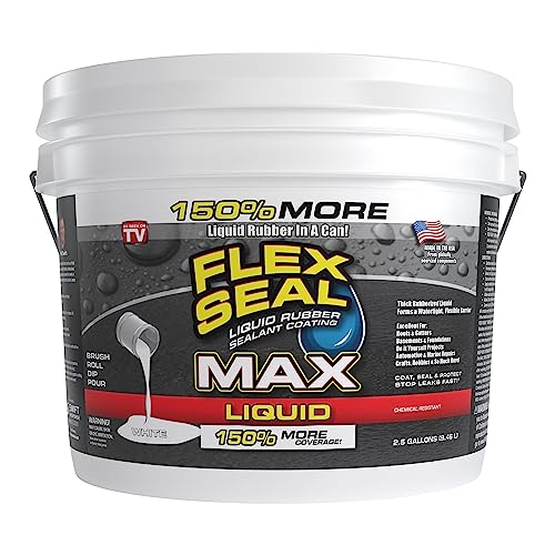 Flex Seal Liquid, Liquid Rubber Coating Sealant, Waterproof, Flexible, Breathable, and UV Resistant, Roof Repair, Basements, RV, Campers, Trailers, Marine, EPDM, Masonry, MAX, White, 2.5 Gallon