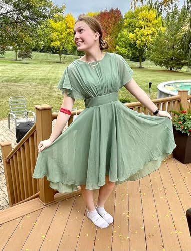Image of YOFF Dusty Blue Scoop Neck Short Bridesmaid Dresses for Women Flutter Sleevs Midi Coaktail Gown Chiffon Casual Formal Party Dresses A-line US6