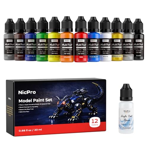 Nicpro 12 Colors Model Paint Set, Enamel-Like Gloss Finish, 20ml Ready to Use Modeling Acrylic Paints, Brush & Airbrush Compatible, Miniature Paint Set for on Model Cars, Figures, Crafts, with Thinner