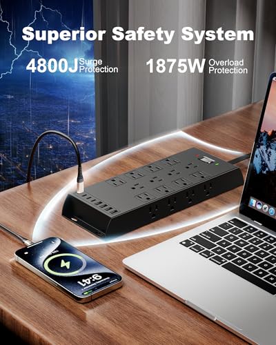 Image of Surge Protector Power Strip 4800J, LeZone 10Ft Long Extension Cord Flat Plug, 20 Outlets 8 USB Ports(4 USB-C), Wall Mountable, Desk Charging Station, Black