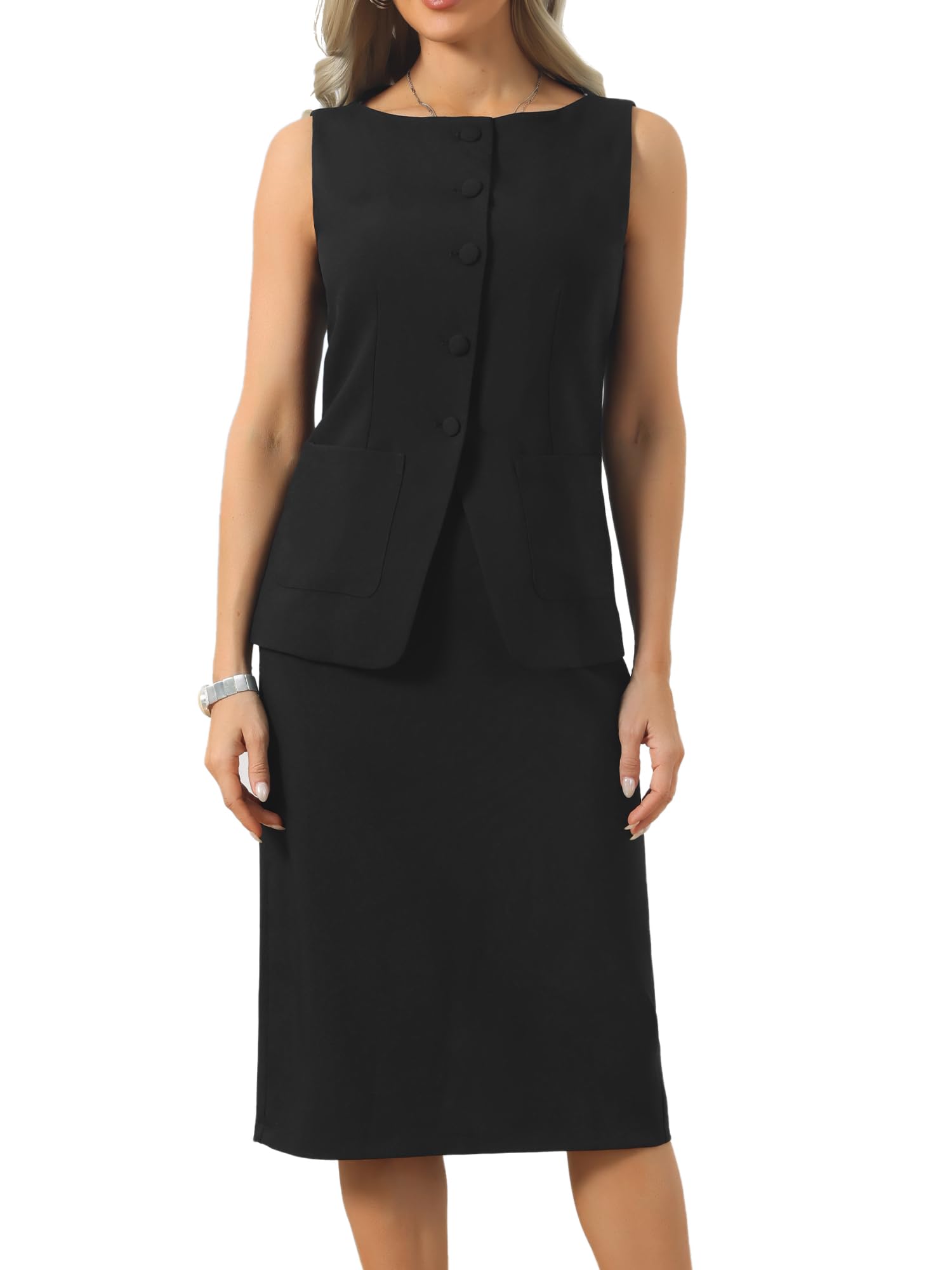 Allegra K Ensemble de 2 jupes en lin sans manches pour femme, col bateau, blazer boutonné et jupe crayon