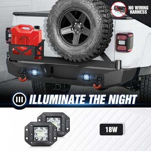 Image of YZONA for JT Rear Bumper with Tire Carrier & Spare Oil Drum Storage Box Compatible with 2020 2021 2022 2023 2024 2025 2026 Jeep Gladiator JT with LED Lights, License Plate Frame, Sensor Holes, D-rings
