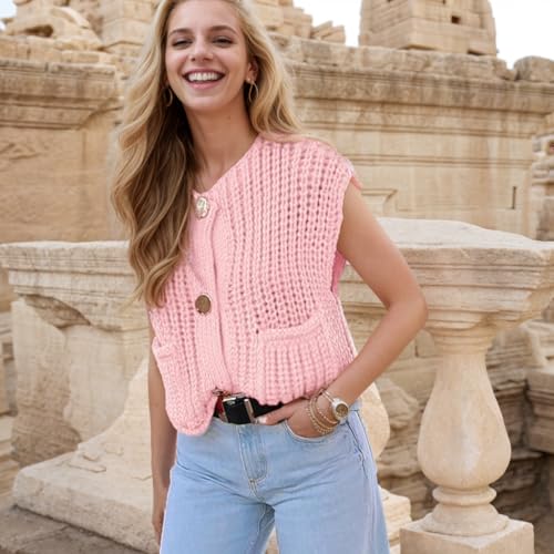 Image of Women's Sleeveless Chunky Knit Cardigan V-Neck Button Down Vest Casual Loose-Fitted Crochet Sweater with Pockets 2024