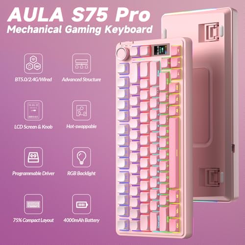 Image of AULA S75 PRO Wireless Mechanical Keyboard with Screen&Knob, Tri-Mode Hot Swappable Gaming Keyboard 75%, Pre-lubed Switches, RGB Backlit, Side Printed PBT Keycaps, Creamy Sounding Pink Keyboards