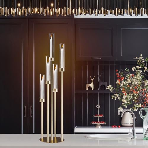 Gold Candelabra with Glass Cylinders for Real Candles 5 Arms Metal Candle Holder Wedding Event Party Home Decoration Centerpiece (1, M)