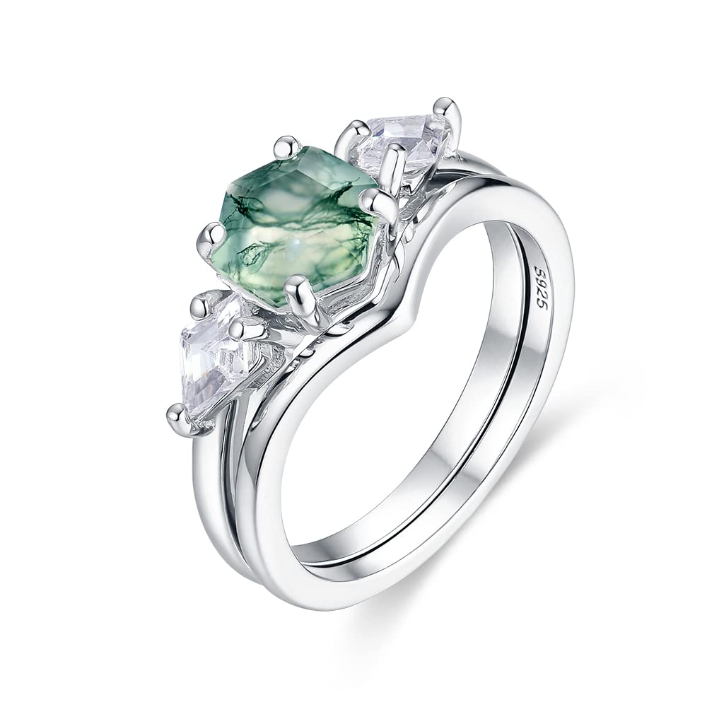 ITI KUOLOLITNatural Moss Agate Gemstone Genuine 925 Sterling Silver Ring for Women Hexagon Cut Women's Ring Set for Engagement Wedding Jewelry