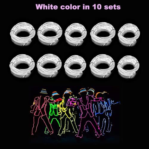 Image of MaxLax EL Wire White 10-Pack, 9ft /2.75m Neon Light Wire with Noise Reduction and Battery Pack