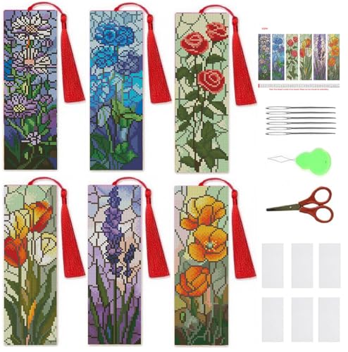 NEGEKFKX 6 Pcs Cross Stitch Bookmark Kit for Adult Beginners Broken Glass Flowers Cross Stitch Kits 14 CT DIY Cross Stitch Kits Adult Stamped Bookmark Embroidery Bookmarks Kit