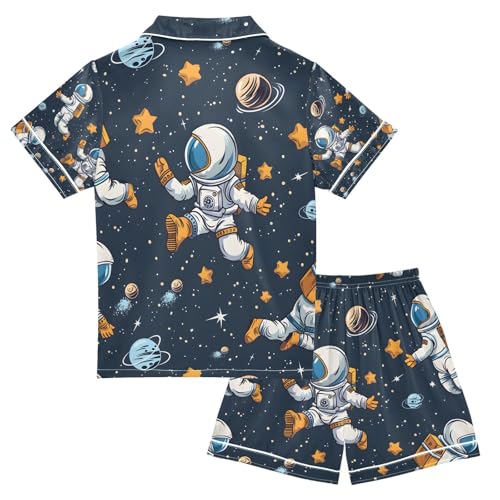 senya Cartoon Astronauts A Satin Summer Pajama Sets Silk Short Sleeve Button Down Sleepwear2