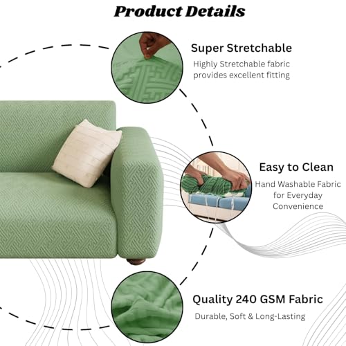 Image of Lukzer 1 Seater Pastel Green Grid Maze Pattern Sofa Cover | 240 GSM Universal Stretch Fit Jacquard Fabric Couch Protector | Fully Covered Anti Slip & Washable Sofa Cover (90-140cm /SC-107-01)