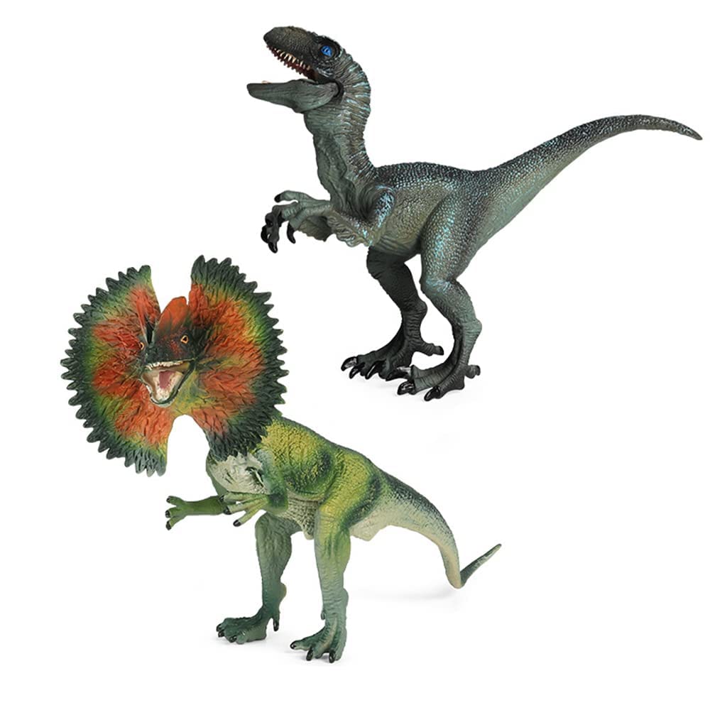 KASTWAVE Realistic Dilophosaurus & Velociraptor Dinosaur Toys - Moveable Jaw Educational Figures for Kids, & Party Favor