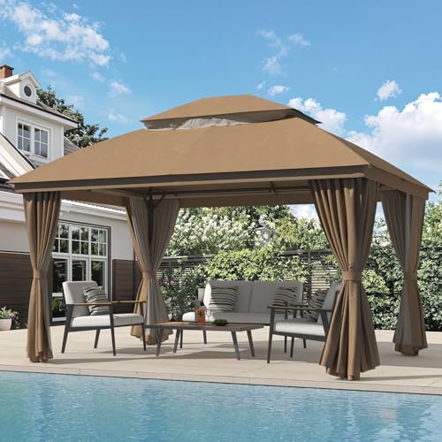 LuxaDomus Outdoor Gazebo 10’×13’ for Patio, Metal Frame Canopy with Double Roofs, Heavy Duty Party Tent with Mosquito Netting and Curtains for Backyard, Garden, Lawn and Deck, Coffee