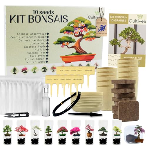CULTIVEA® Bonsai Anzuchtset – 10 Bäume zum Selbst Anpflanzen – Komplettes Bonsai Starter Kit mit Samen, Töpfen & Werkzeug – Bonsai Anzucht Set für Anfänger – Geschenkidee für Gartenfreunde