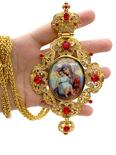 Nazareth Store Pectoral Cross Red Crystals Mary with Jesus Icon Gold Plated Clergy Pendant Christian Priest Bishop Crucifix Pendant Long Chain 24" in Gift Box4