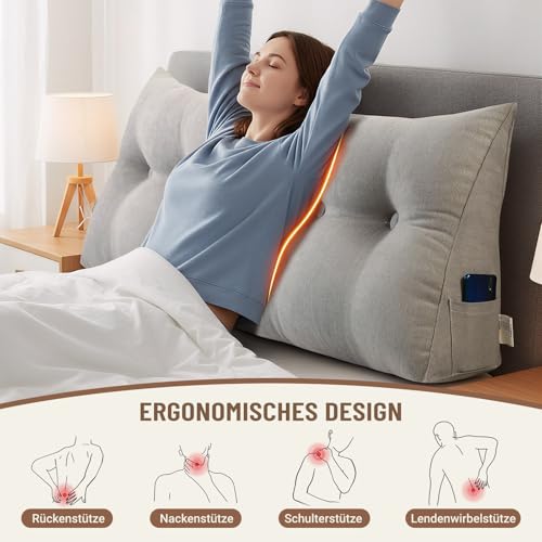 ZF YLYH Kissen Bett Rückenkissen Lesekissen für Bett Rückenlehne Kissen Rückenpolster Abnehmbar Bequemes Lendenkissen Sofa Rückenkissen Keilkissen mit Tasche(Gray,80 * 50 * 20cm)