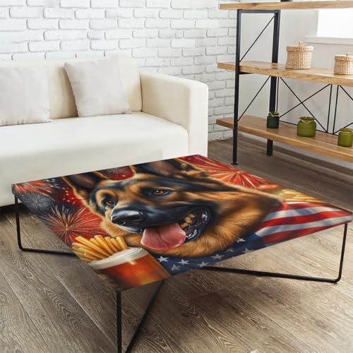 Mexpekil Quadratische Tischdecke, Motiv: Deutscher Schäferhund mit Nahrung, 86 x 86 cm, elastische Tischabdeckung, wasserdichte Tischschutz für drinnen und draußen