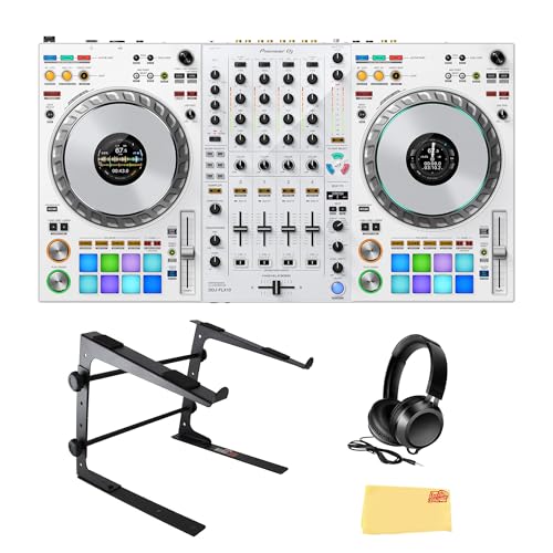 Image of Pioneer DJ DDJ-FLX10 4-Channel Professional DJ Controller - White Bundle with Laptop Stand, Gearlux Headphones, and Austin Bazaar Polishing Cloth