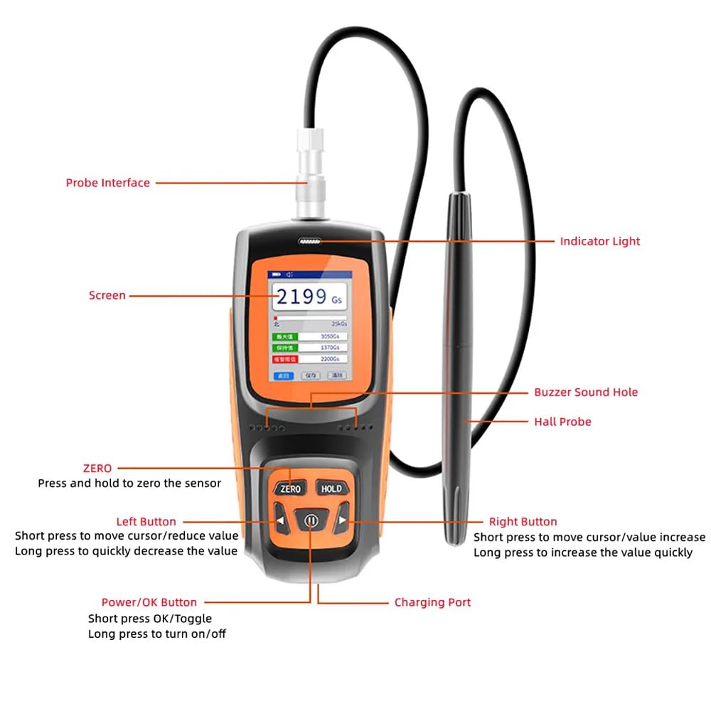 iDili Handheld Digital Tesla Meter Magnetic Field Strength Tester High Precision Rechargeable Gauss Meter with Hall Probe 0-2500mT(B)