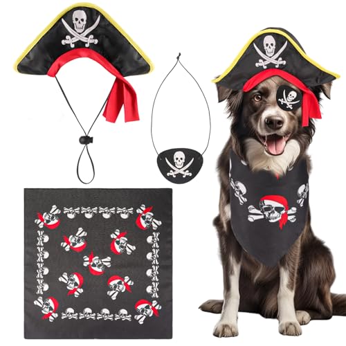 QKURT 3PCS Dog Pirate Costume Pet Captain Hat Dog Pirate Skull Triangle Bandana Eye Mask Pet Dress Up Kit for Halloween Christmas Cosplay Funny Role Play Party