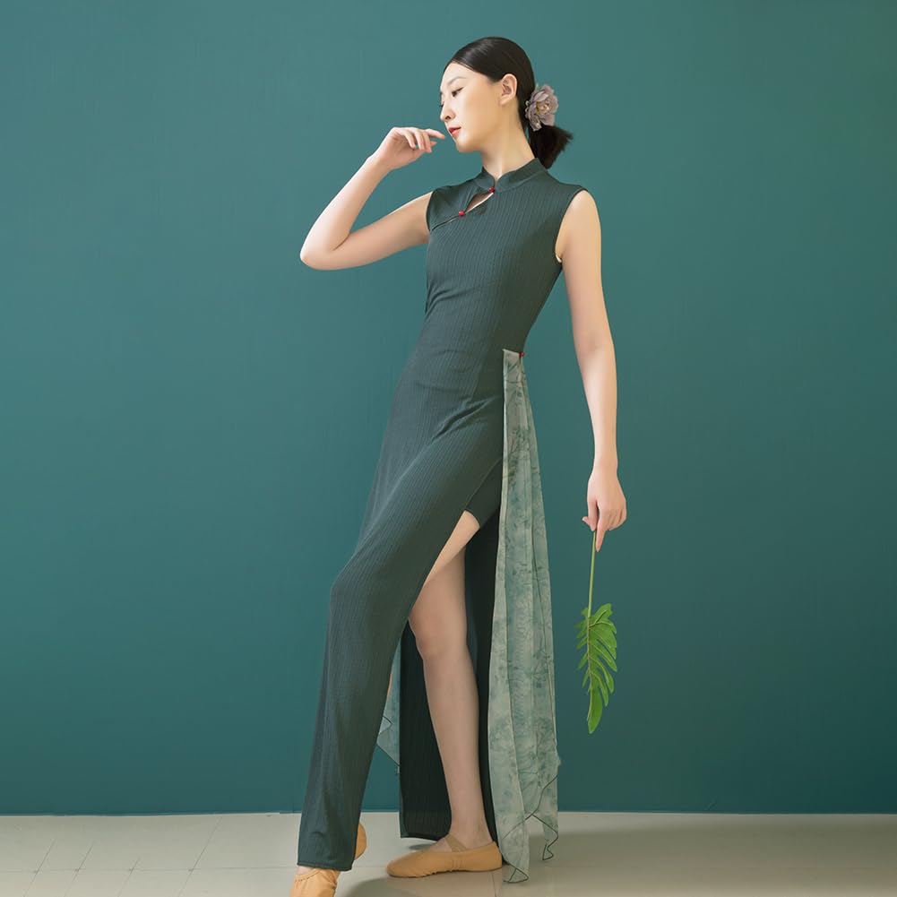 ROYAL SMEELA Cheongsam Sexy Vestiti Cheongsam Senza Maniche Colletto in Piedi Donna Abito Cheongsam Cinese Verde Abiti Qipao Cheongsam Costume Tradizionale Cinese Abito Qipao Lungo Vestito+Qipao