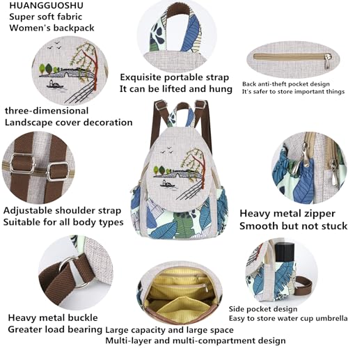 Image of Womens Cotton Hemp Cloth Backpack Boho Vintage Embroidered Casual Purse Handbags Messenger Bag Peacock