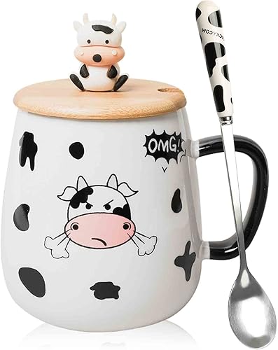 XEFINAL Bonita taza de café de vaca con tapa y cuchara, taza de café de vaca de cerámica, tazas de vaca Kawaii de 14.2 fl oz, taza de vaca animal