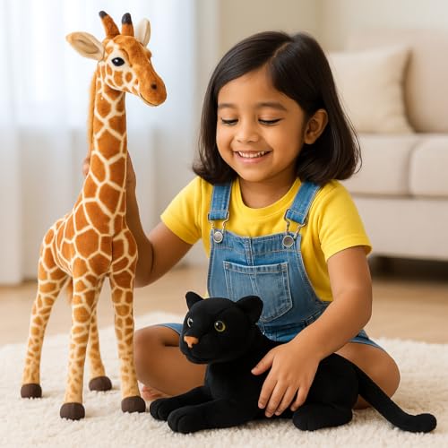 Image of Cute Giraffe & Panther Plush Toy Combo - 30 cm Soft Stuffed Animals for Kids | Super Soft & Huggable for Boys & Girls (Pack of 2)