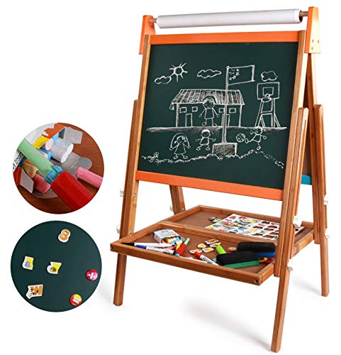 Agirlgle Art Easel for Kids Made of Bamboo Double-Sided Whiteboard & Chalkboard Standing Easel Kids Painting and Drawing with Bonus Paper Roll Magnetics Alphabet and Other Accessories