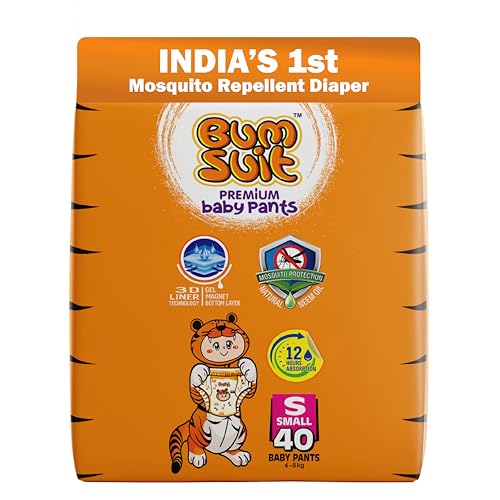 Image of Baby Pants Diapers Small (S) (4-8kg), 40 Count | India's 1st Mosquito Protection | 12 Hr Absorption | Soft Cottony Breathable Fabric | Stretchable Waistband | Leak Guard & Rash-Free Comfort