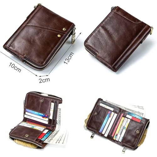 Genuine Leather Wallet for Men RFID Blocking Cowhide Vintage Chain Bifold Double Zipper Snap Closure Slim Large Capacity 12 Card Slots (Brown)2