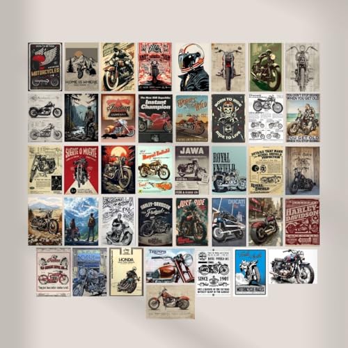 Image of auraposter Paper Motorbike Posters (Set of 40) | Bike Posters Royal Enfield, Jawa, Harley Davidson Vintage Motorbikes | Classic Motorcycle Retro Bikes | Glue Dots Included