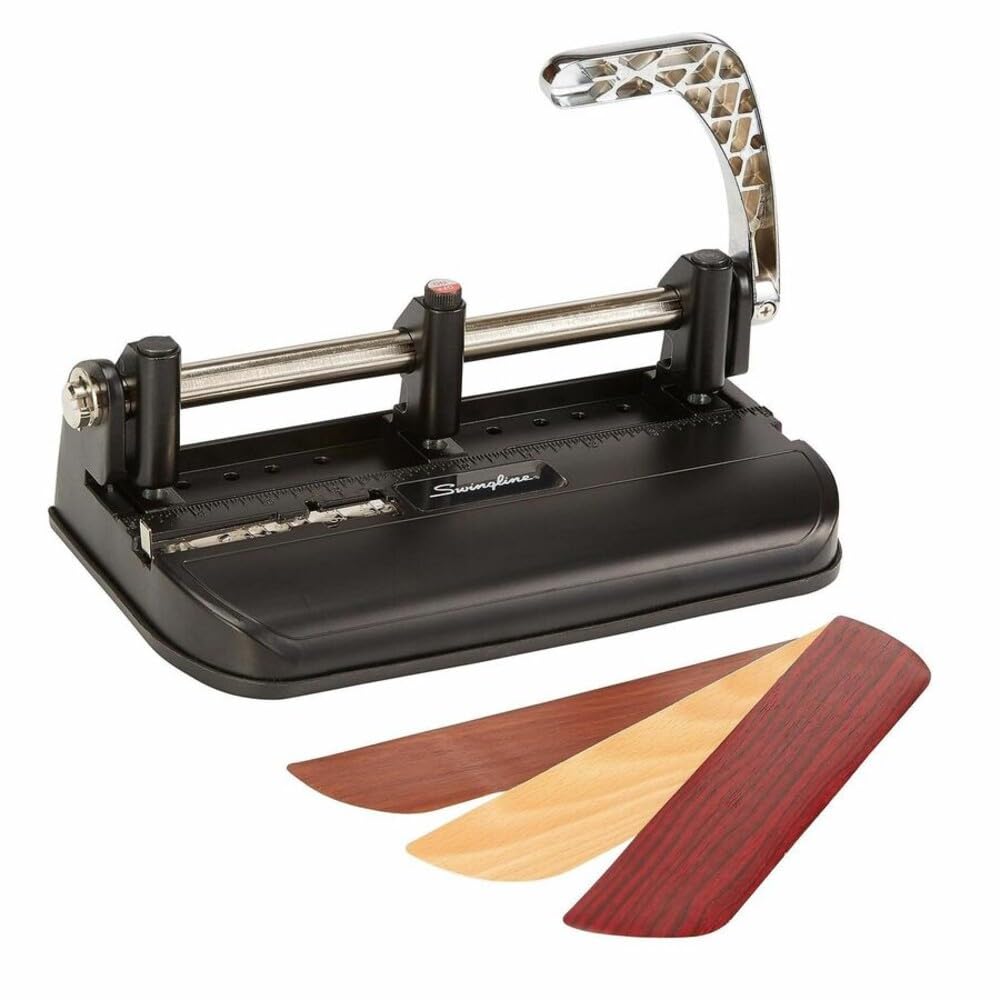 2-7 Hole Punch, Adjustable, Heavy Duty Hole Puncher, 40 Sheet Punch Capacity, Chrome/Black/Woodgrain (74400), Metal