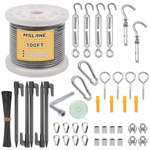 1/8" Wire Rope Kit 100FT Aircraft Cable Vinyl Coated 304 Stainless Steel Wire,7x7 Strand Cable Kit for Outdoor String Lights,Climbing Plants,Pictures,Clothes,Curtain Hanging