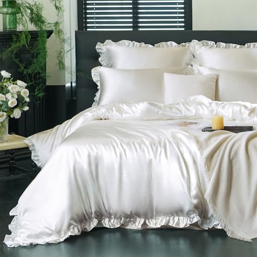 Freyamy Satin Bettwäsche 135x200 Glatt Luxus Seide Glanzsatin Bettwäsche Set Weiß Einfarbig Rüschen Romantisch Sommer Bettwäsche Sets 1 Bettbezüge und Kissenbezug 80x80 mit Reißverschlüsse