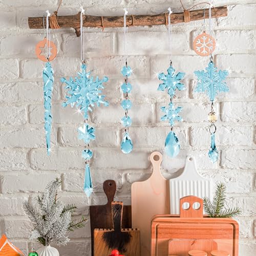 Image of 18pcs Crystal Christmas Ornaments for Christmas Tree Decorations-Blue Hanging Acrylic Snowflake and Icicle Ornaments with Drop Pendants for New Year Party Decorations Supplies